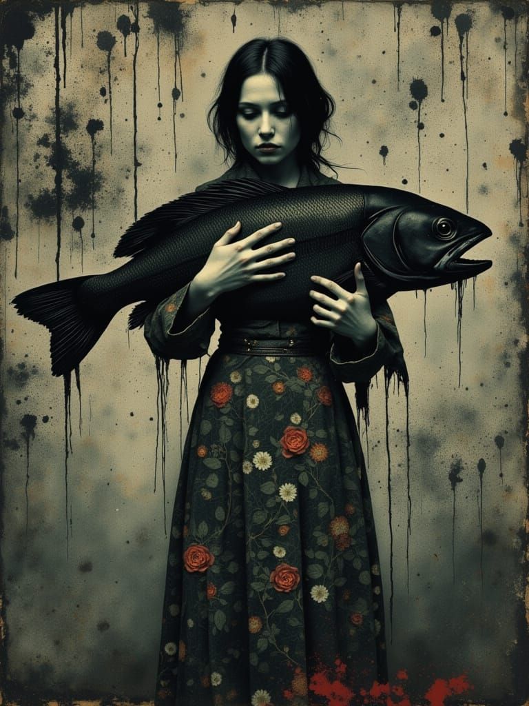 Surreal Woman with Fish in Moody Noir Style