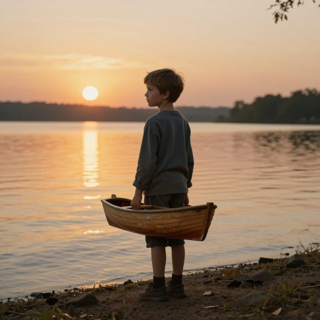 Boy with Toy Boat at Sunset Lake