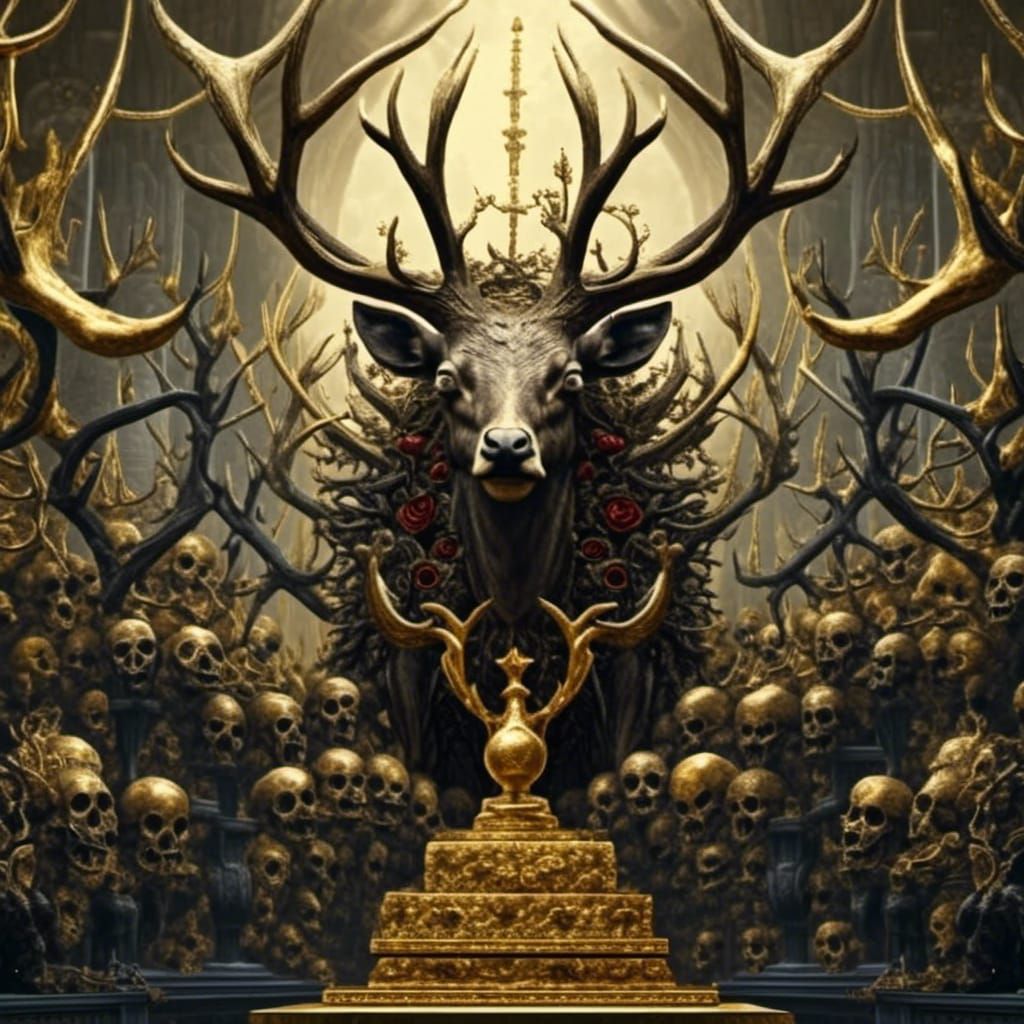Monster Stag Dominates Trophy in Dark Fantasy Art