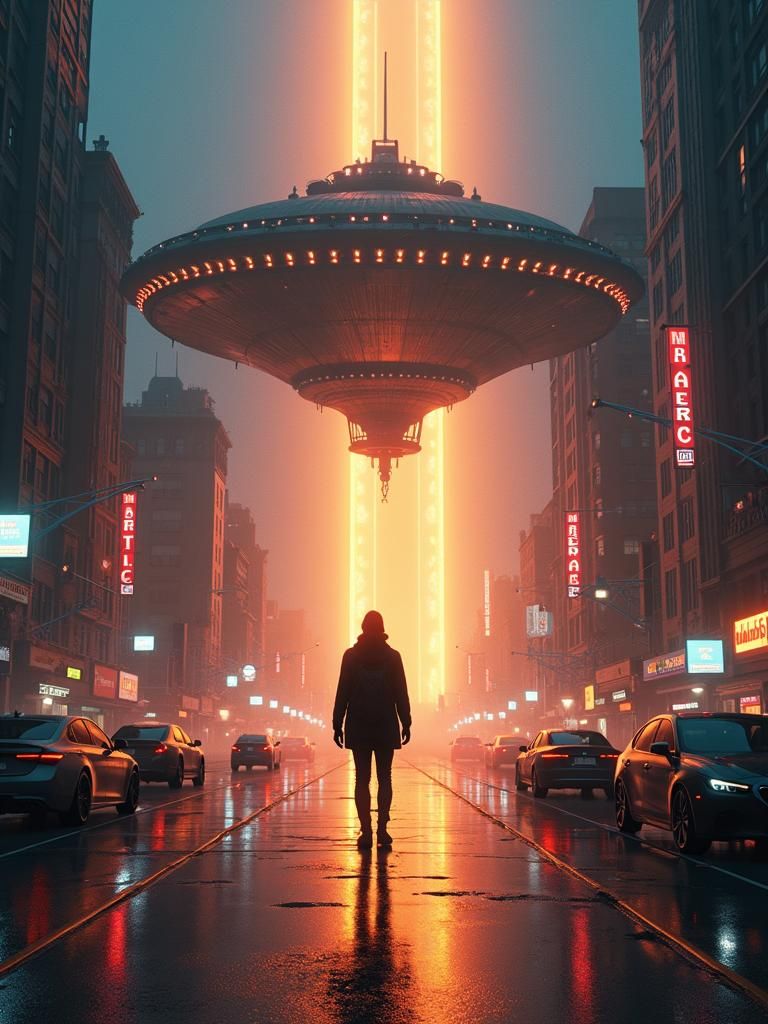 Futuristic Cityscape with Hovering Spaceship in Sci-Fi Style