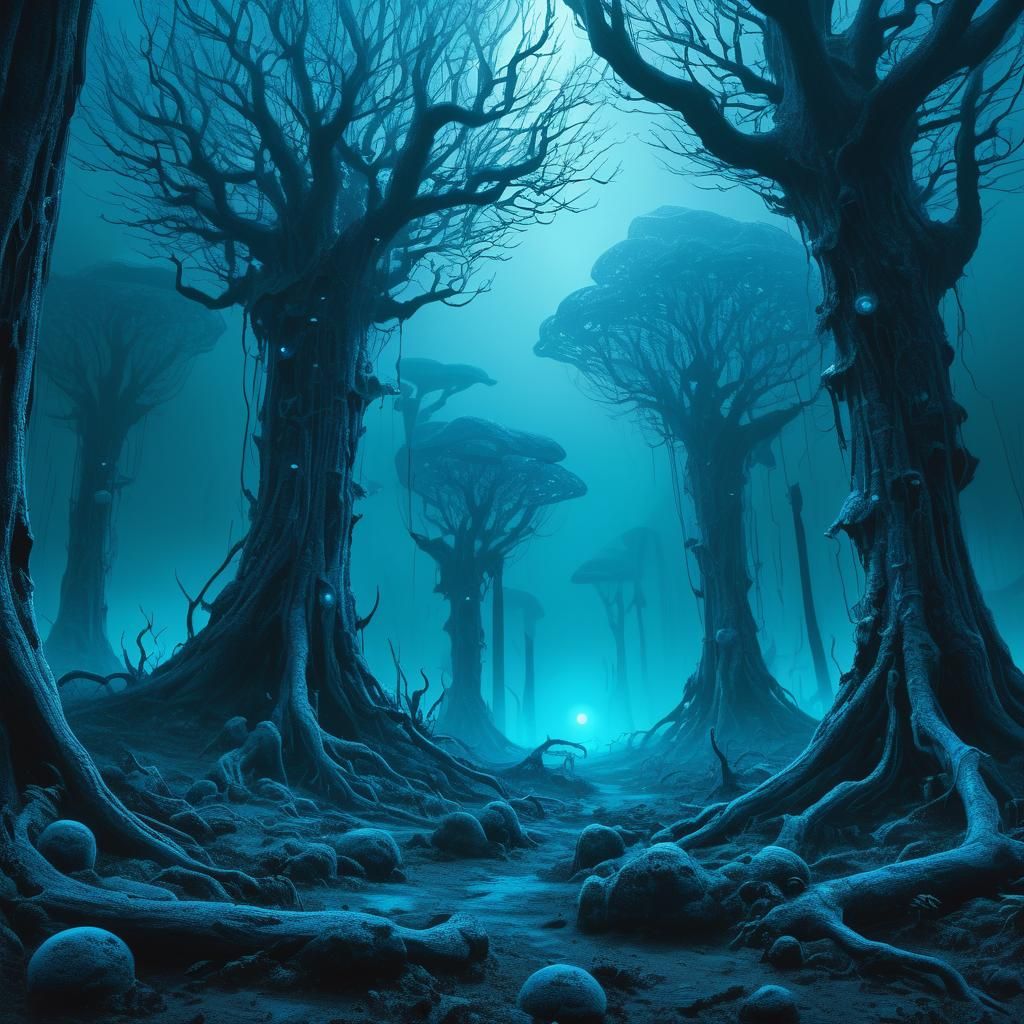Eerie Sci-Fi Landscape with Glowing Fungi