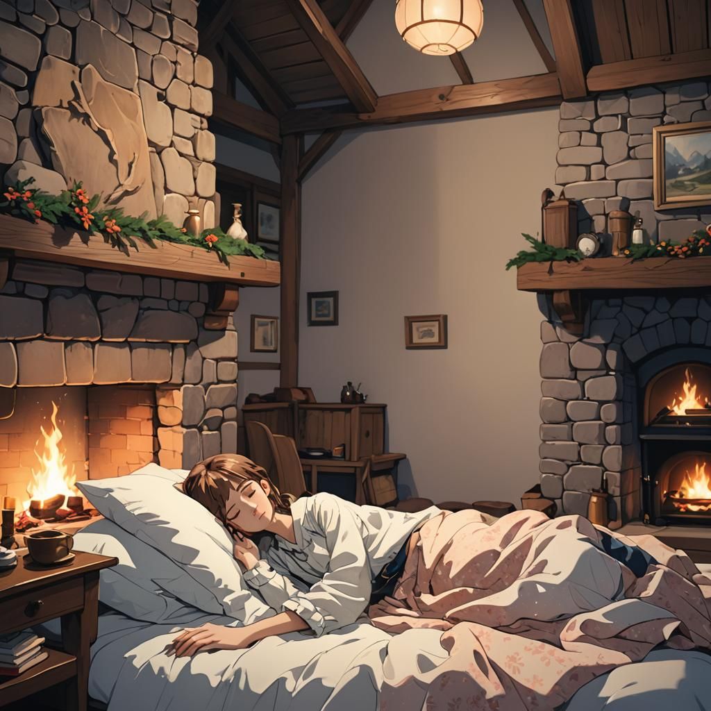 Maiden in Mountain Lodge with Fireplace, Anime Style