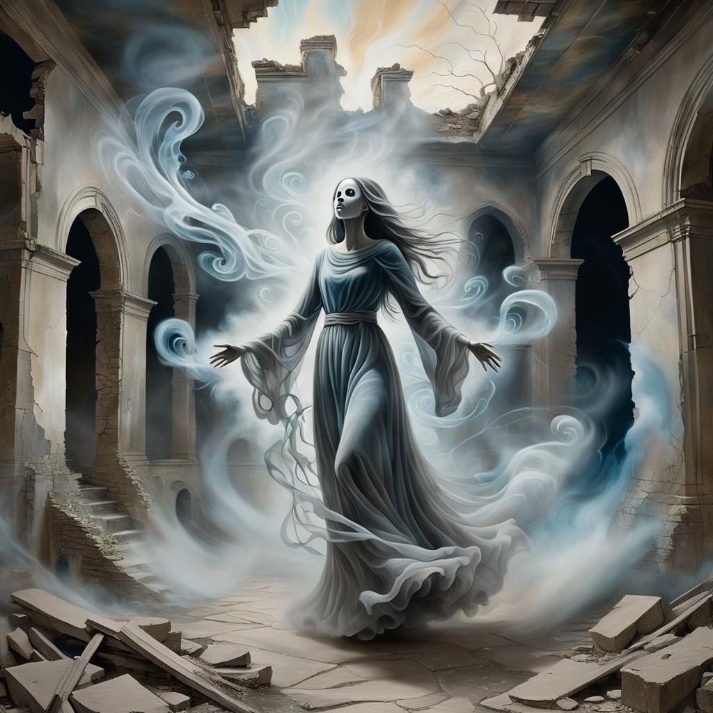 Ethereal Smoke Figure Descending in Ruined Landscape