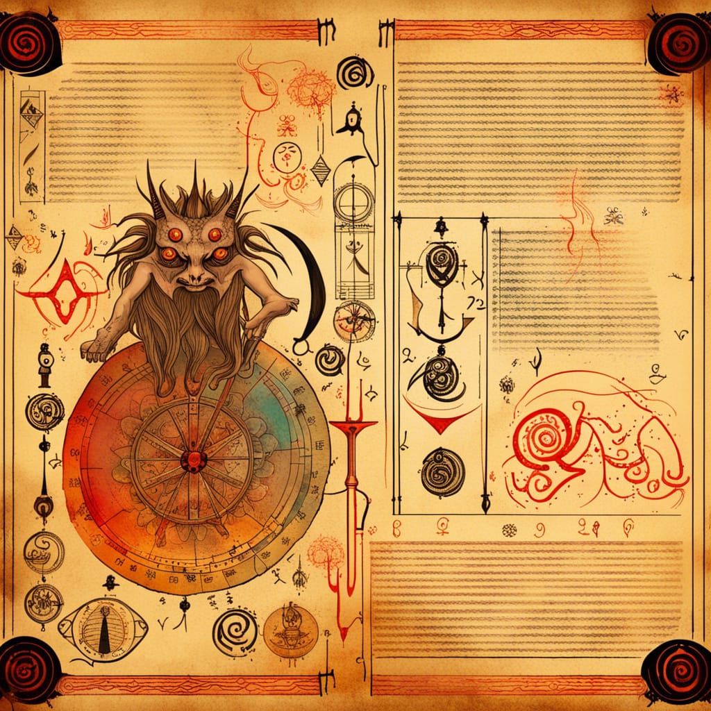 Ancient Scroll with Demonic Creature and Magic Symbols