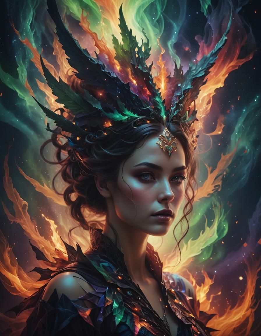 Surreal Woman Portrait with Blazing Aurora in Geometric Styl...