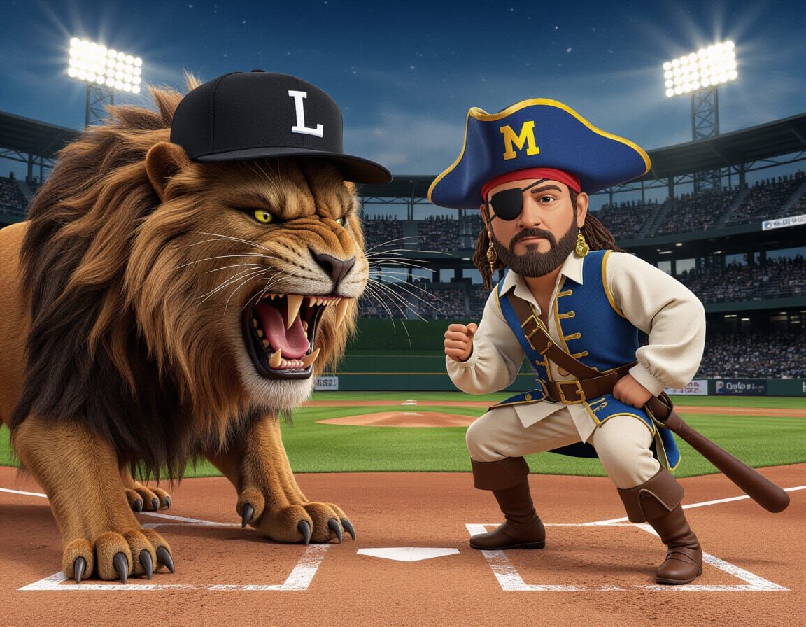 Lion and Pirate Rivalry in Photorealistic Style