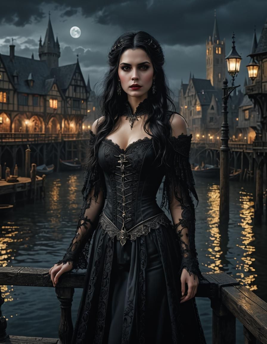 Gothic Vampire Portrait on Medieval Pier