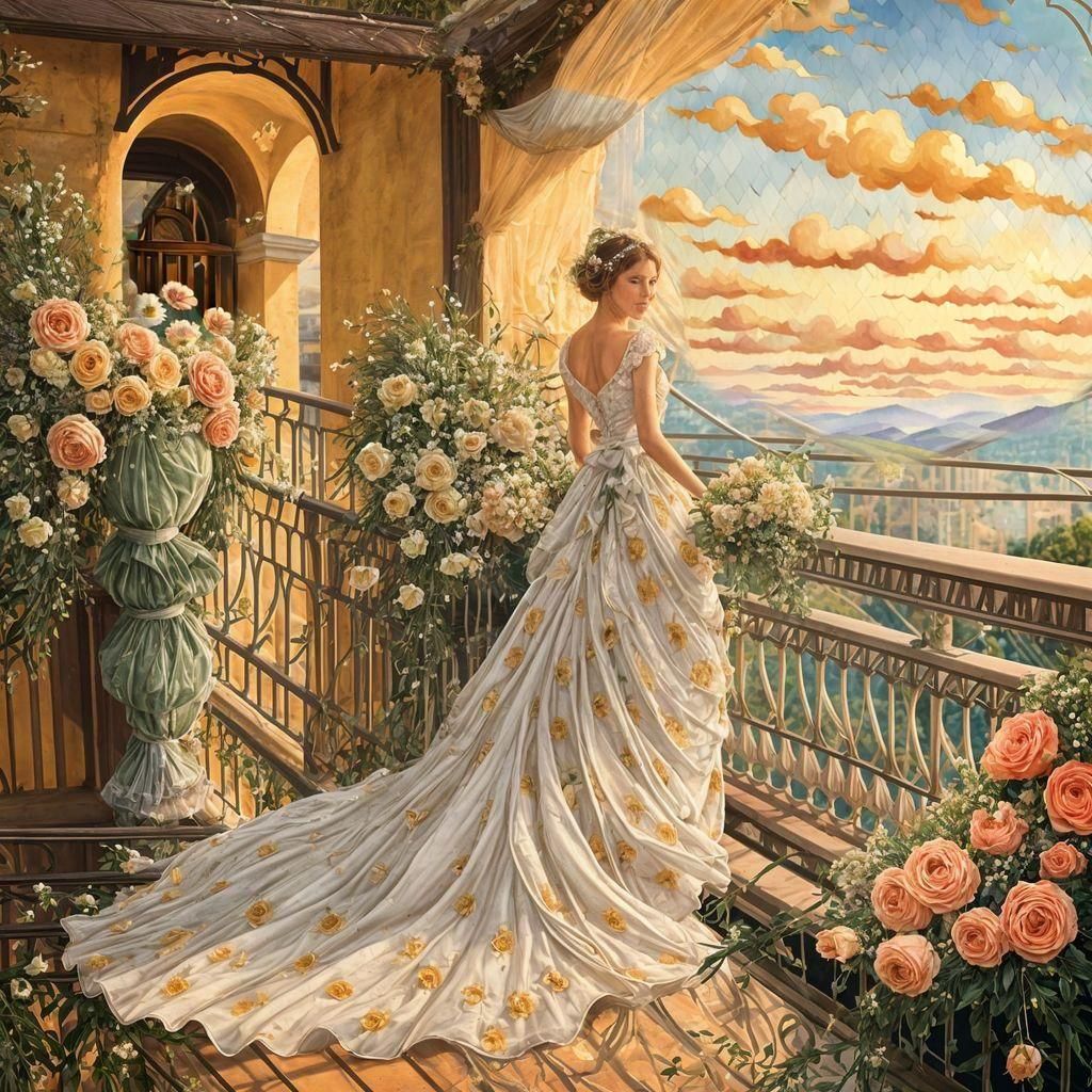 Bride Surrounded by Flowers: Vintage Acrylic Painting