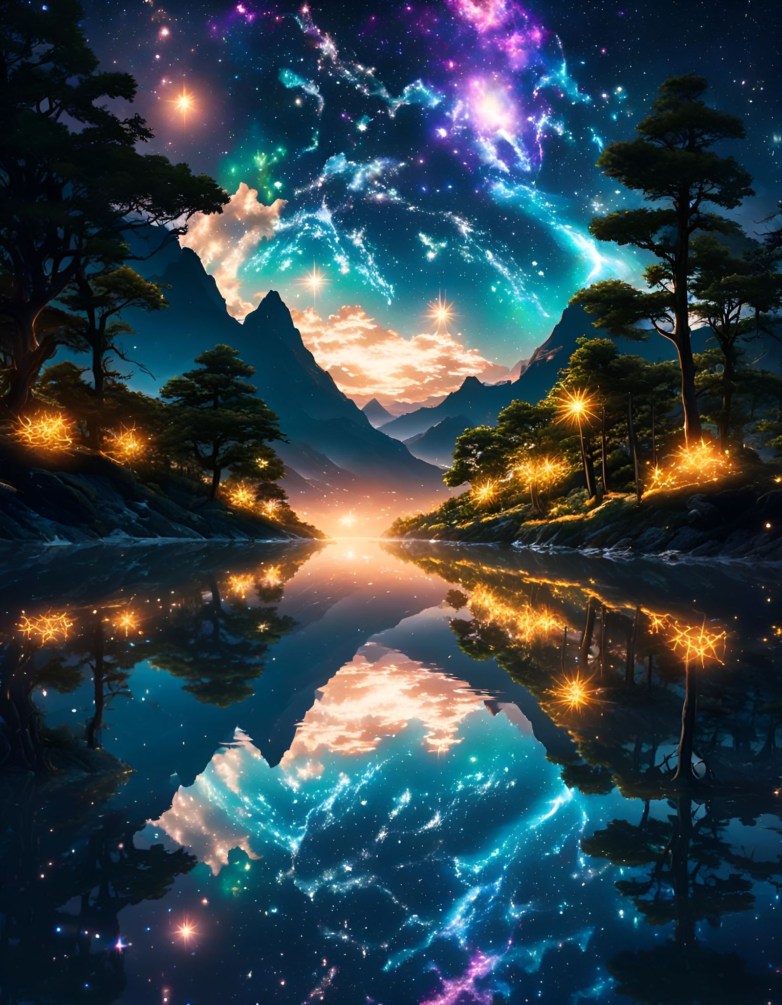 Cosmic Galaxy Kingdom Reflected on River at Night