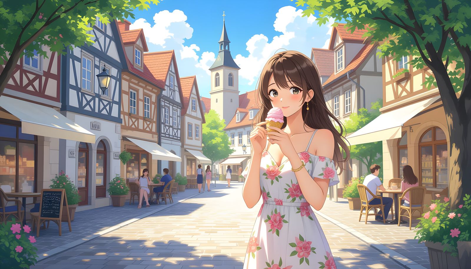 Woman Savoring Ice Cream in City Square, Manhwa Style