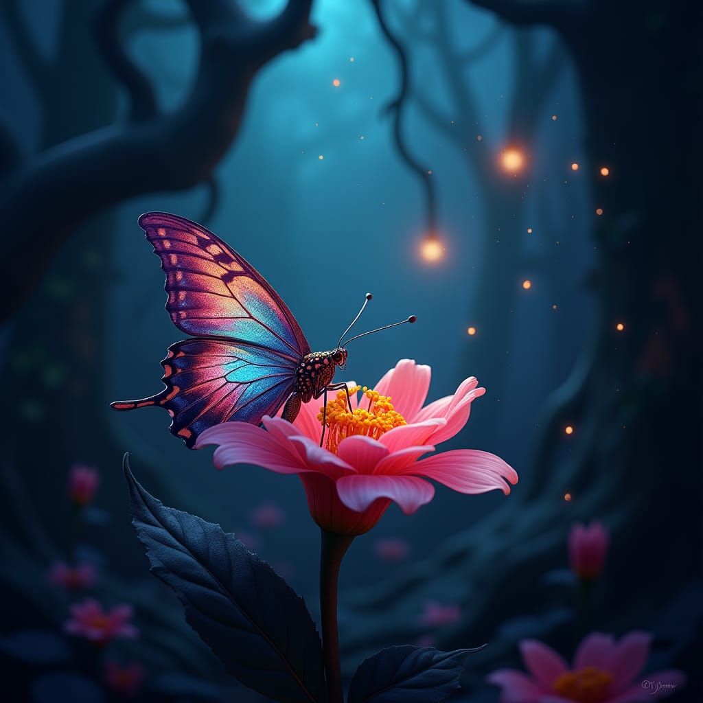 Bioluminescent Butterfly in Fairy Tale Forest