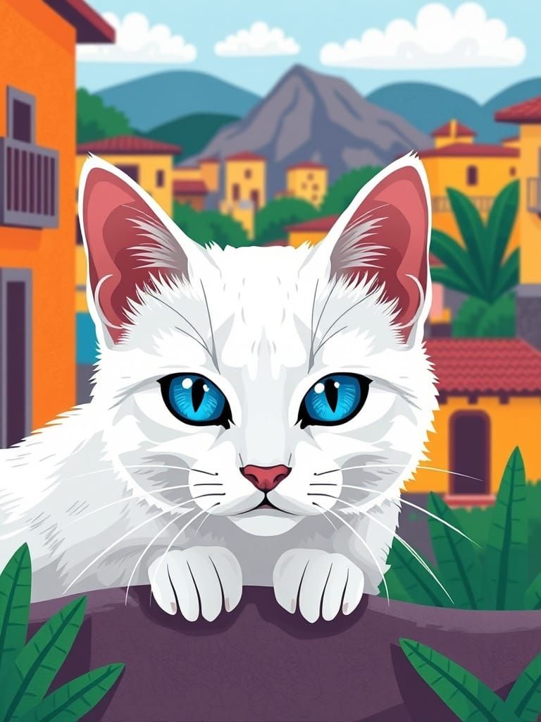 White Cat with Blue Eyes in Emoji Style