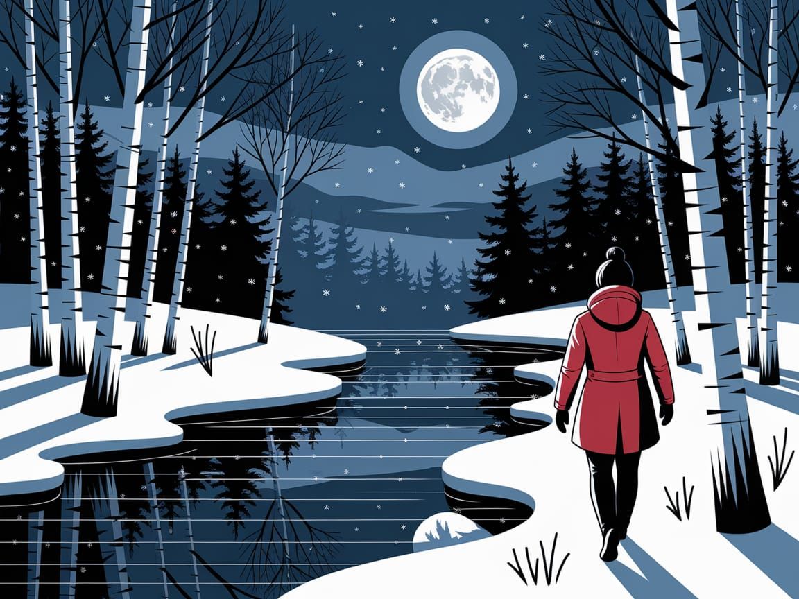 Folk Art Winter Scene with Snowy River and Full Moon