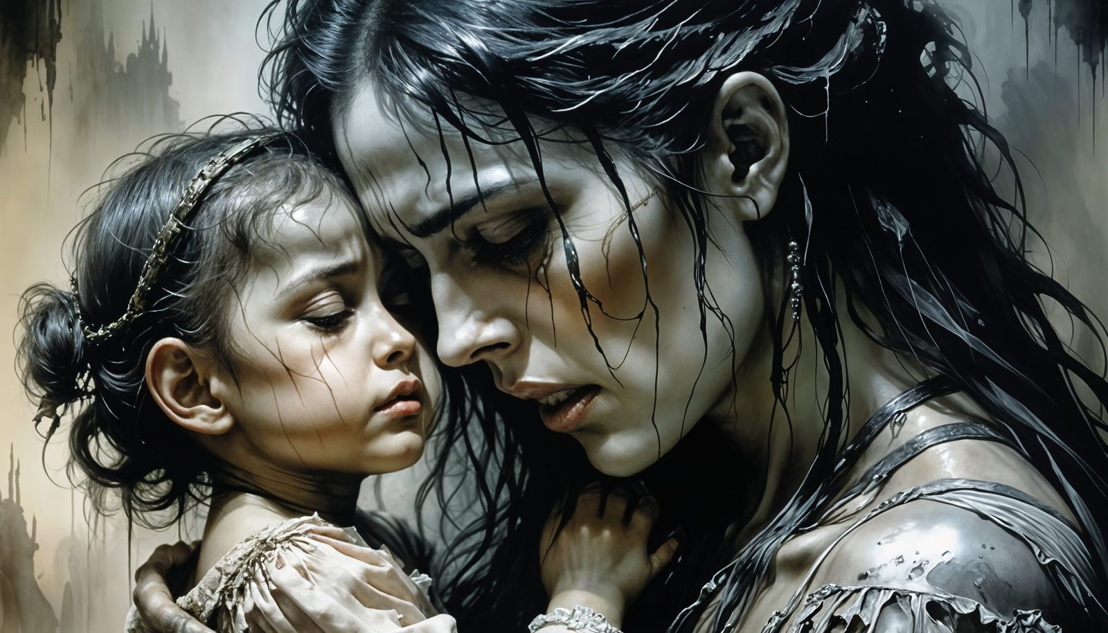 Sorrowful Mother in Oil Paint Style Double Exposure