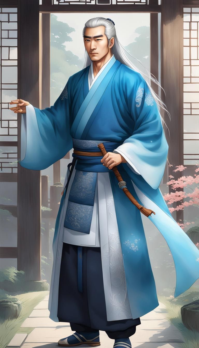 Asian male cultivator with clean face, long silver hair, blu...