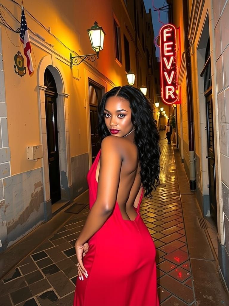 Woman in Red Dress in Dimly Lit Alleyway