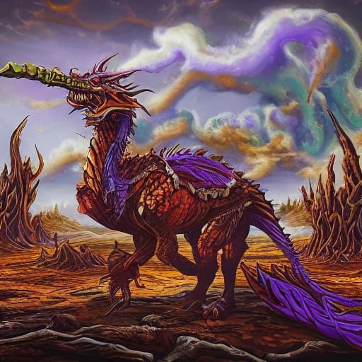 Fire Woman & Purple Dragon in Apocalyptic Wasteland