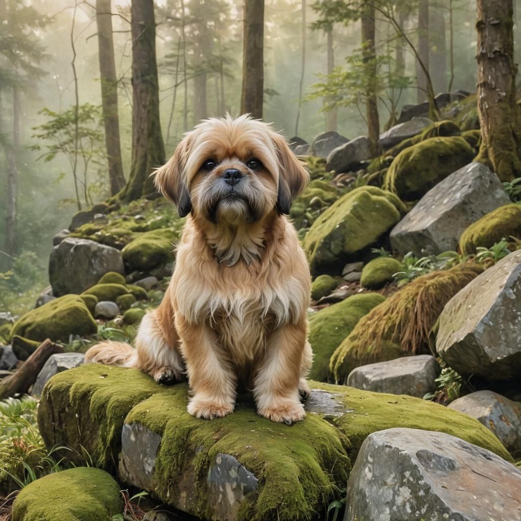 Lhasa Apso in Misty Forest: Watercolor Impression