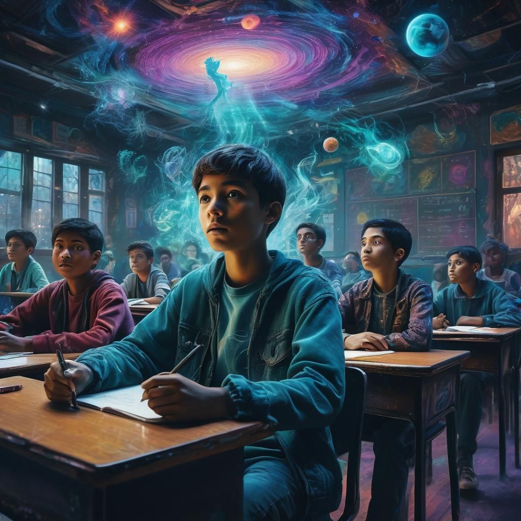 Boy in Classroom with Ghostly Classmates: Cosmic Illustratio...