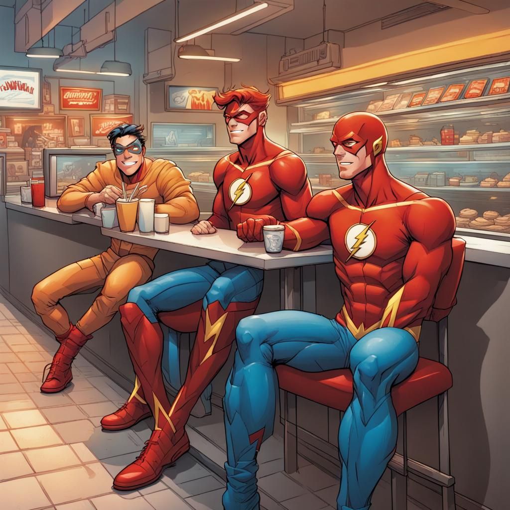The Flash (Wally West) with red hair hanging out at McDonalds with his best friend Nightwing (Richard Grayson)