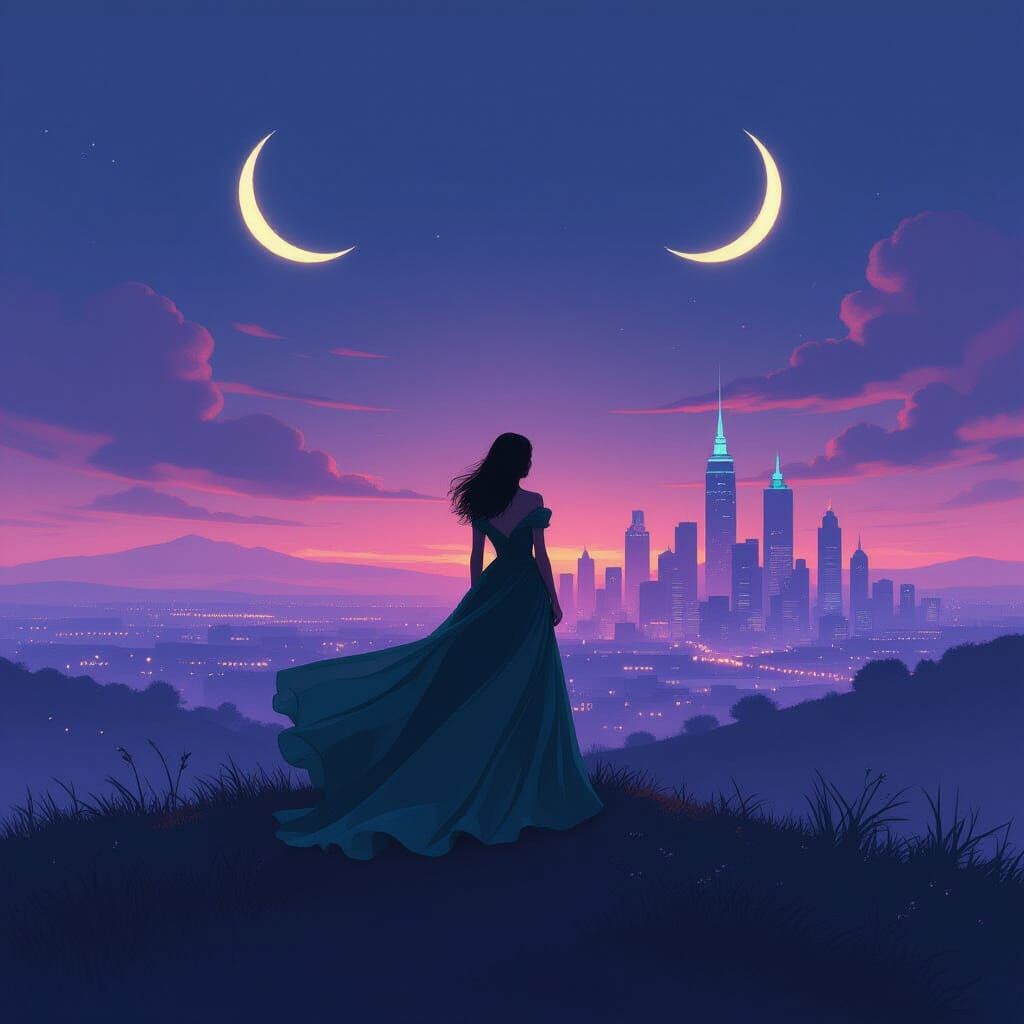 Woman Gazes at Retro-Futuristic City in Twilight