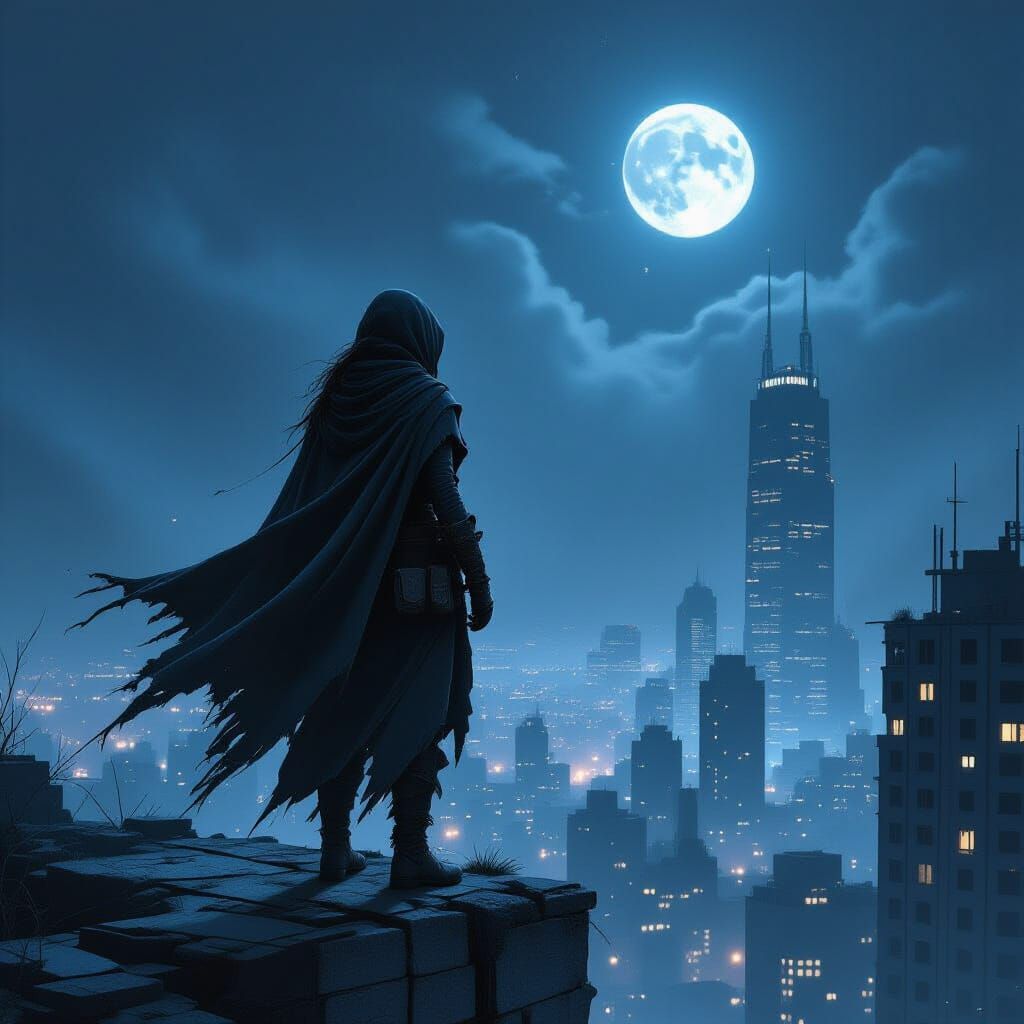 Wanderer Overlooks Overgrown City Under Twin Moons