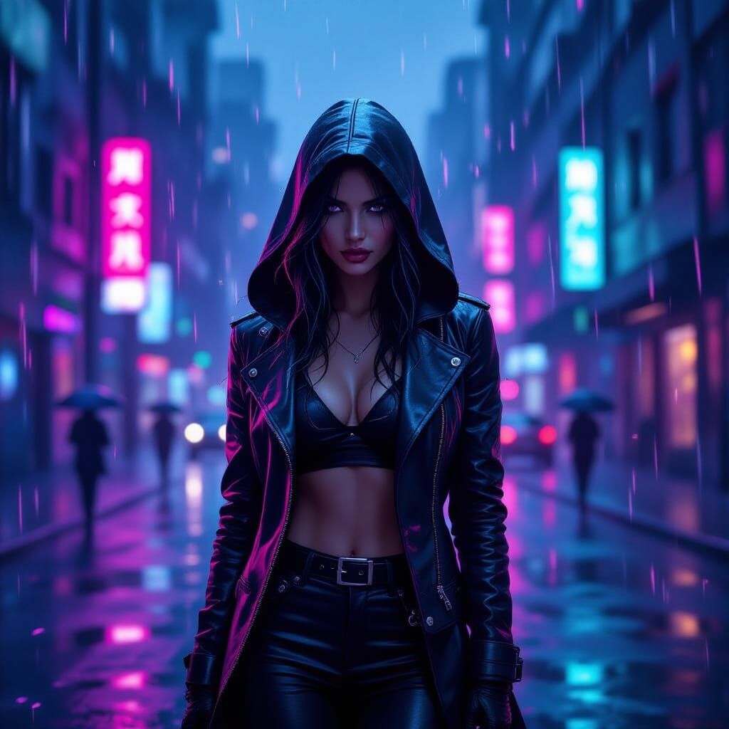 Hooded Woman in Neon City Rain
