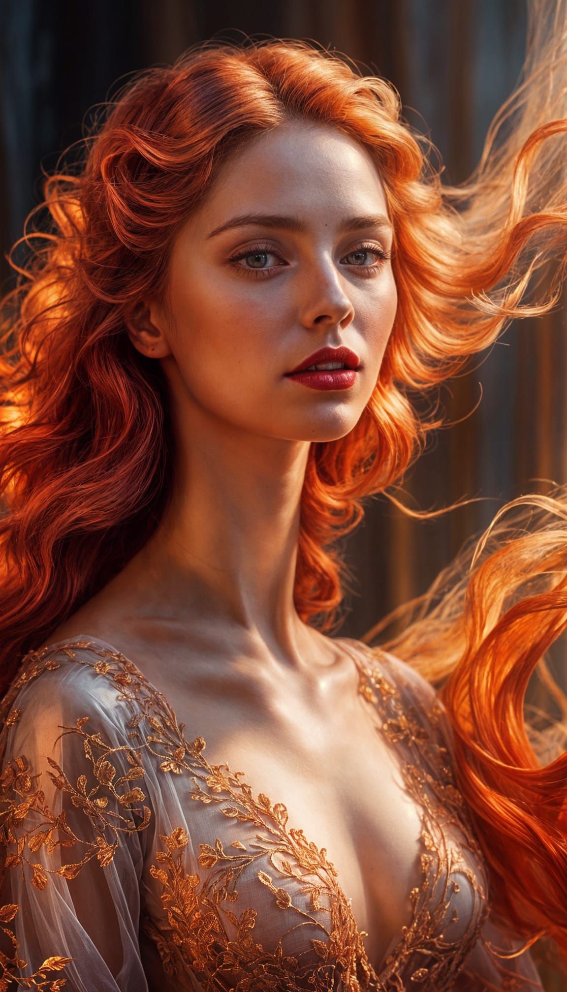 Goddess in Fire Red Dress with Dynamic Lighting