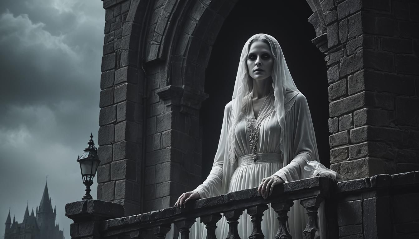 Ethereal Ghost on Castle Balcony at Night