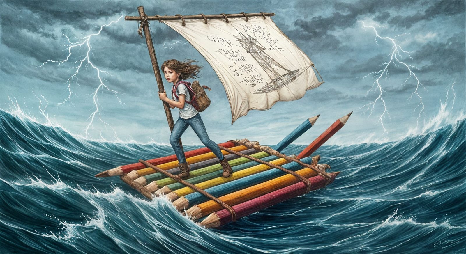 Artist Girl Navigates Stormy Sea on Pencil Raft