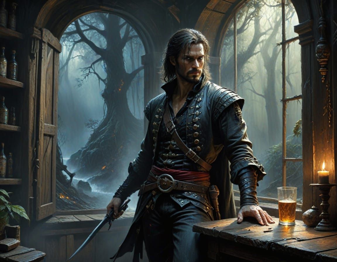 Swashbuckler in Mysterious Tavern, Enchanted Forest Scene, B...