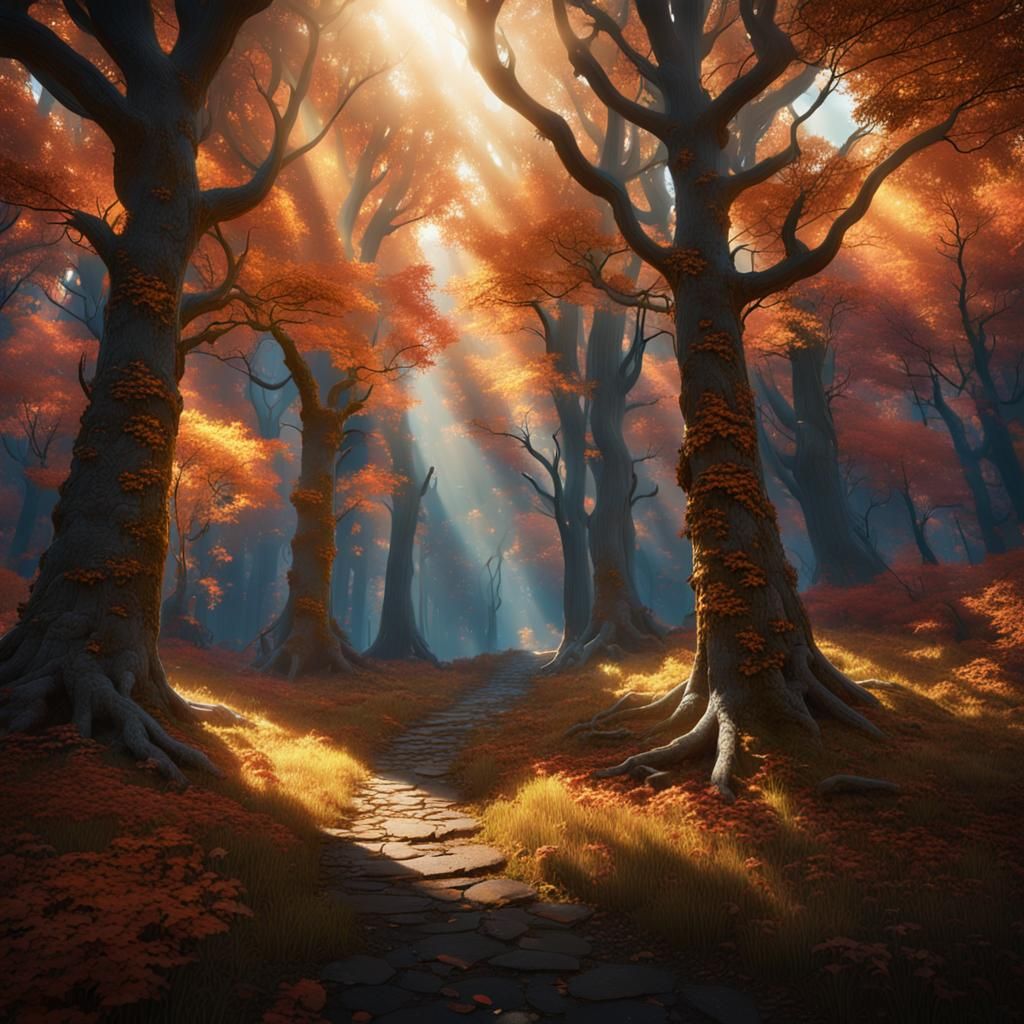 Sunlit Autumn Forest: Detailed Fantasy Concept Art