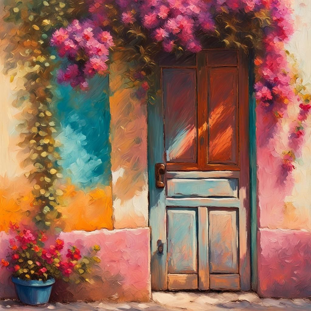Pastel Door in Latin American Street, Impasto Painting