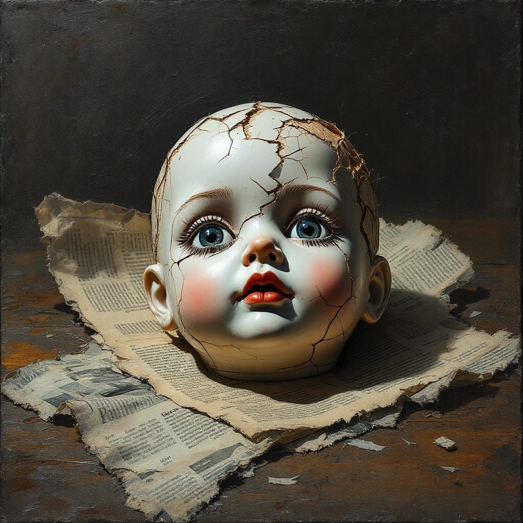 Shattered Doll in Gritty Impasto Oil Painting Style