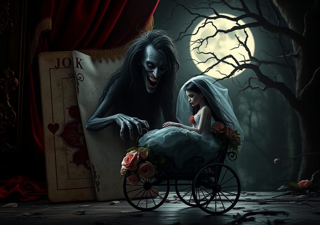 Joker Emerges from Playing Card in Dark Fantasy