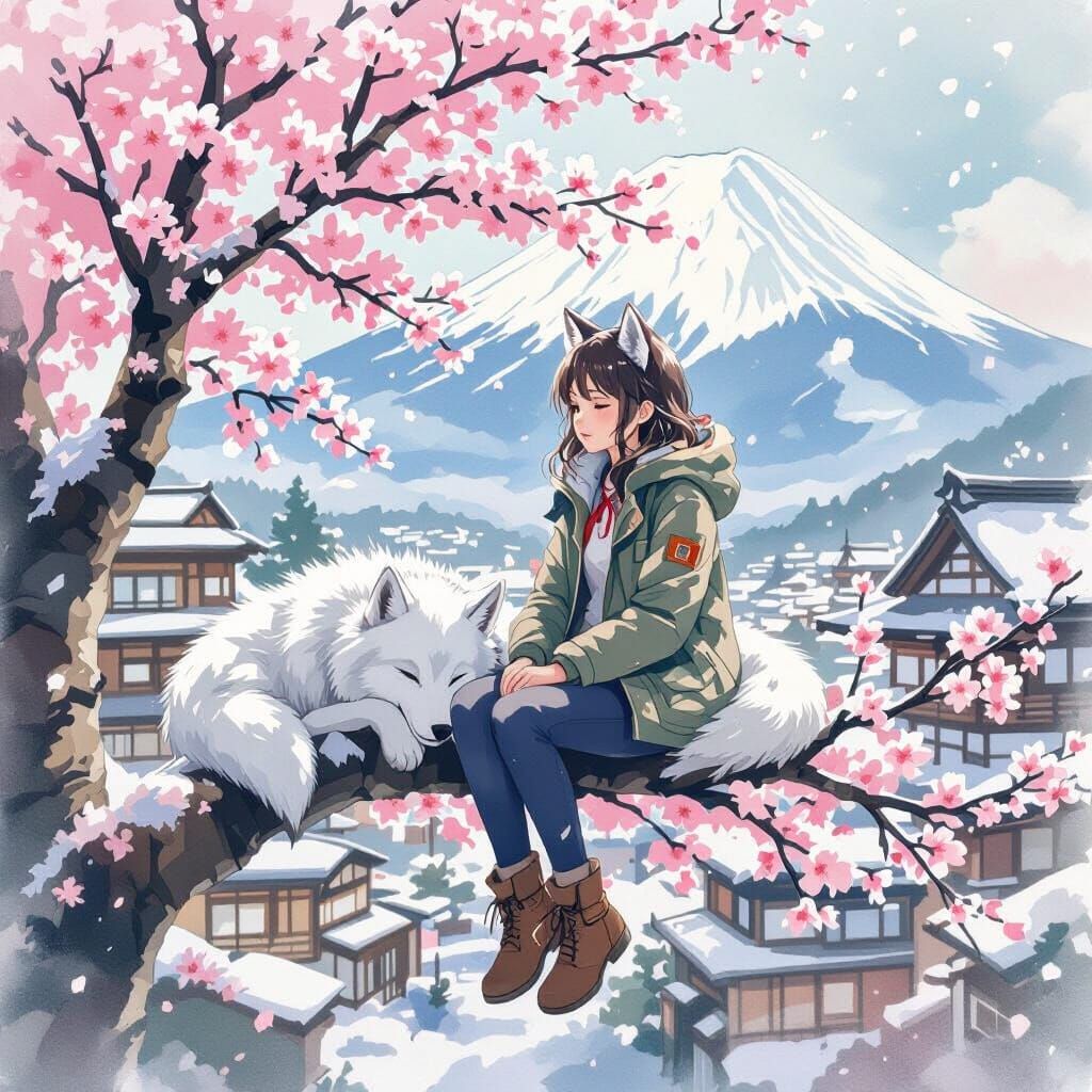 Girl with Wolf Ears and Wolf Beside Cherry Blossoms with Mt....