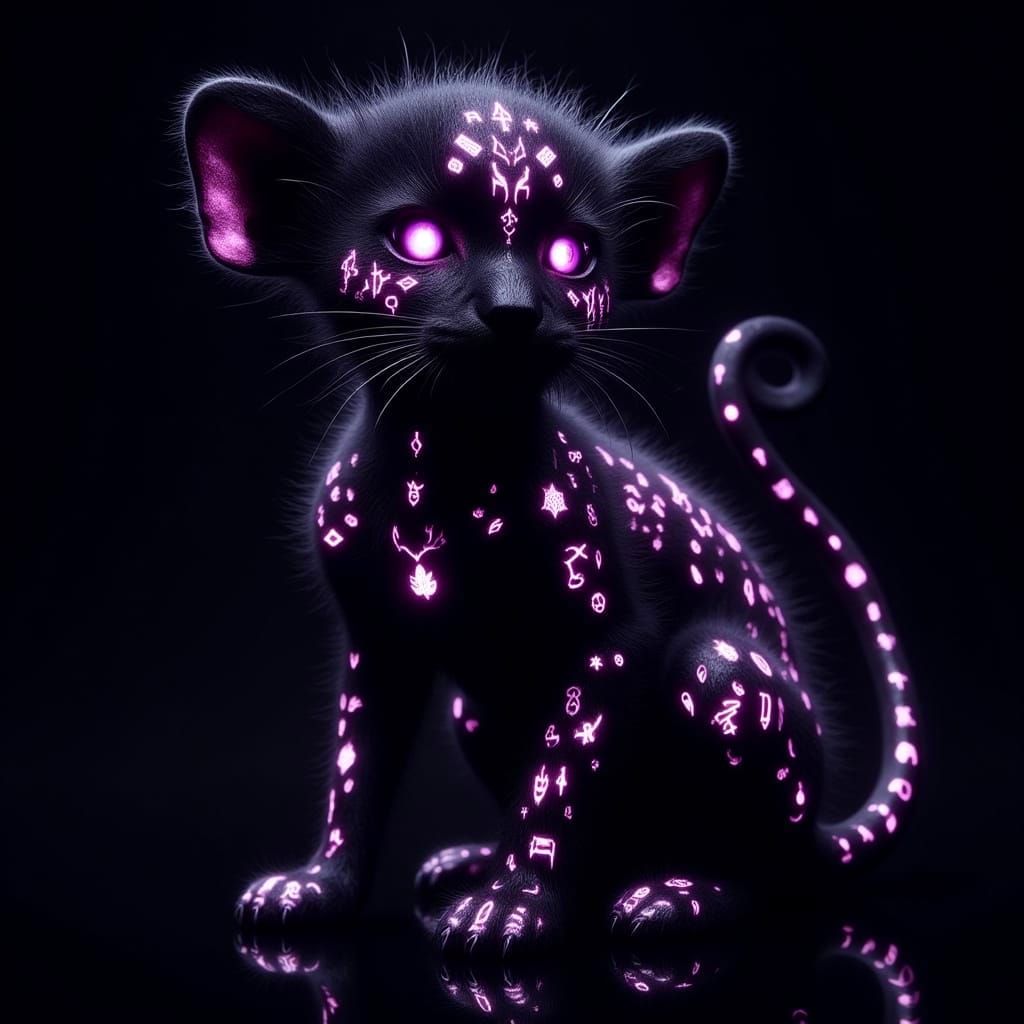 Mystical Black Panther Cub with Glowing Runes