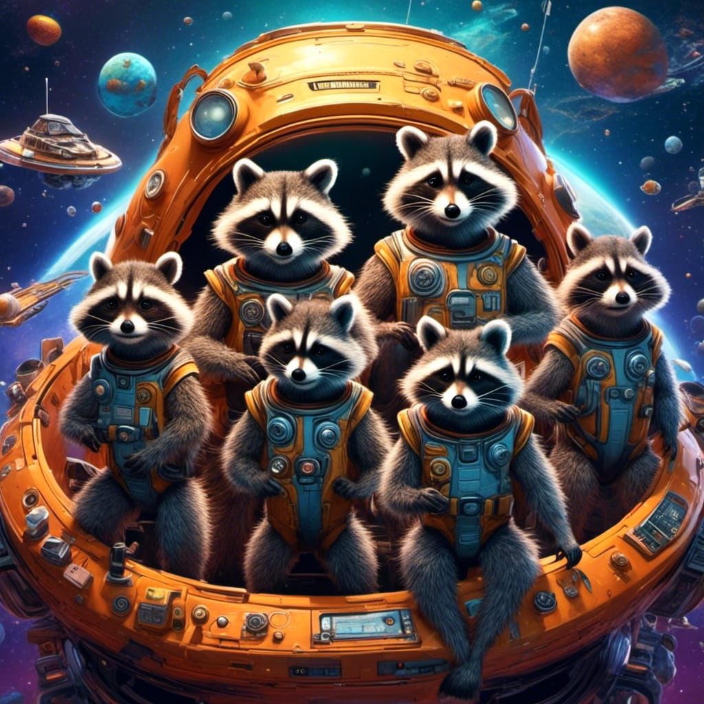 Raccoons in Spacesuits Near Spaceship: 3D Illustration
