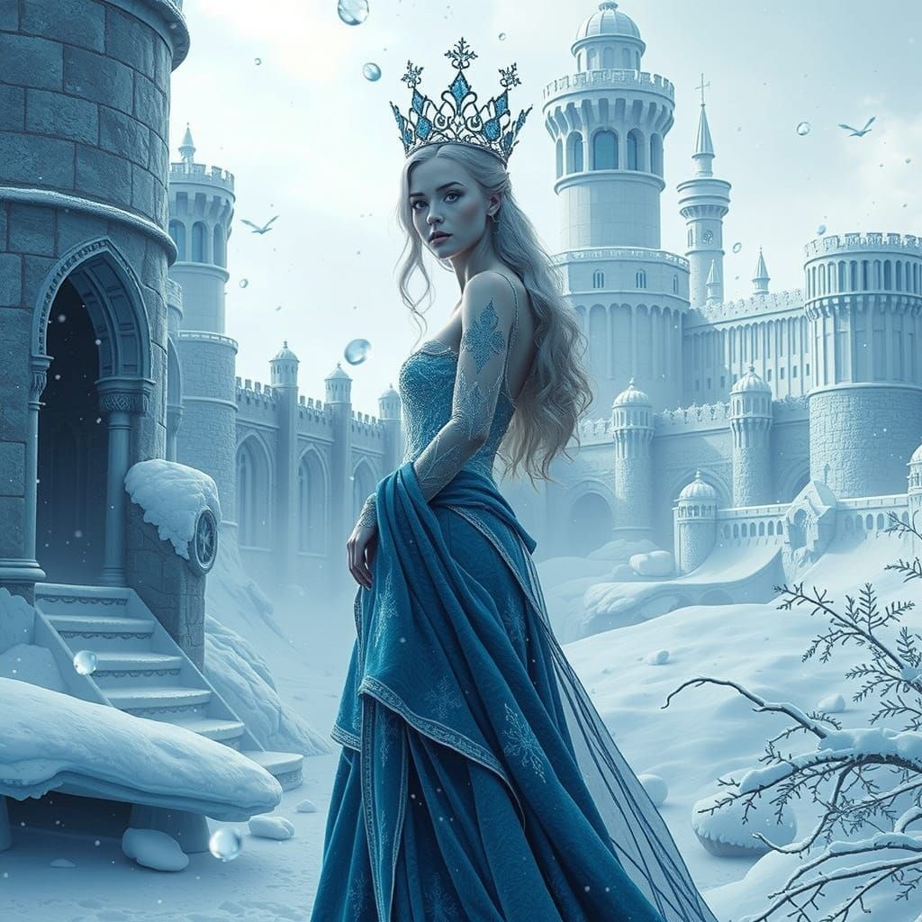 Regal Ice Queen in Icy Blue Fabrics, Snowy Landscape