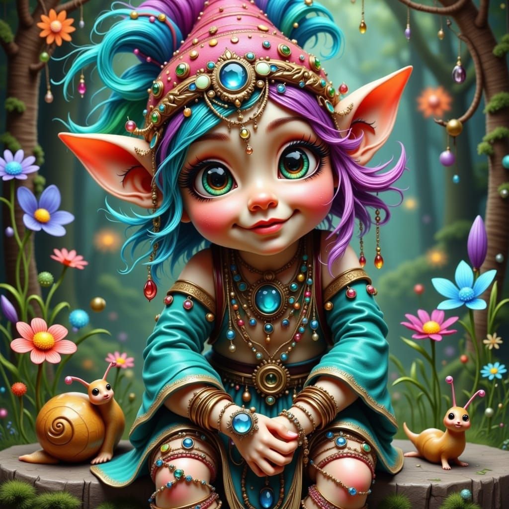 Vibrant Gnome Fortune Teller with Walking Snail Pet in Whims...