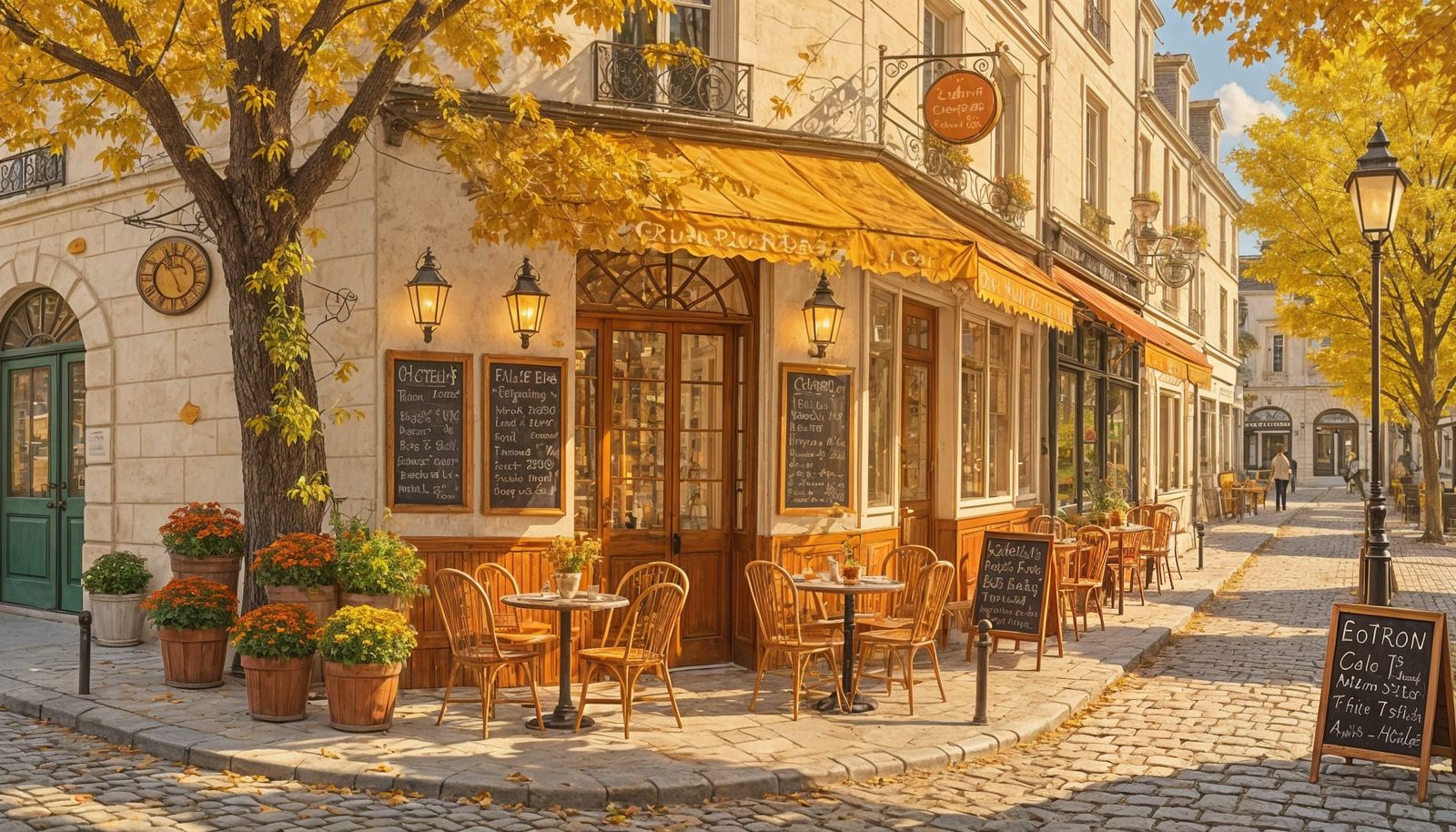 Charming Parisian Cafe in Autumn Sunlight