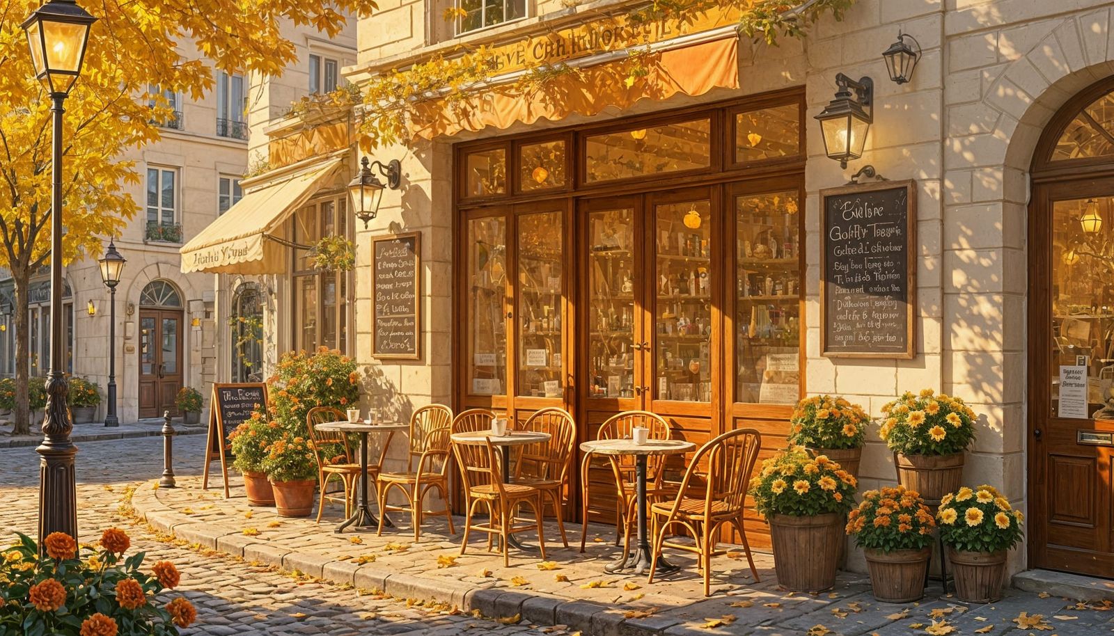 Charming Parisian Cafe on Cobblestone Street in Autumn