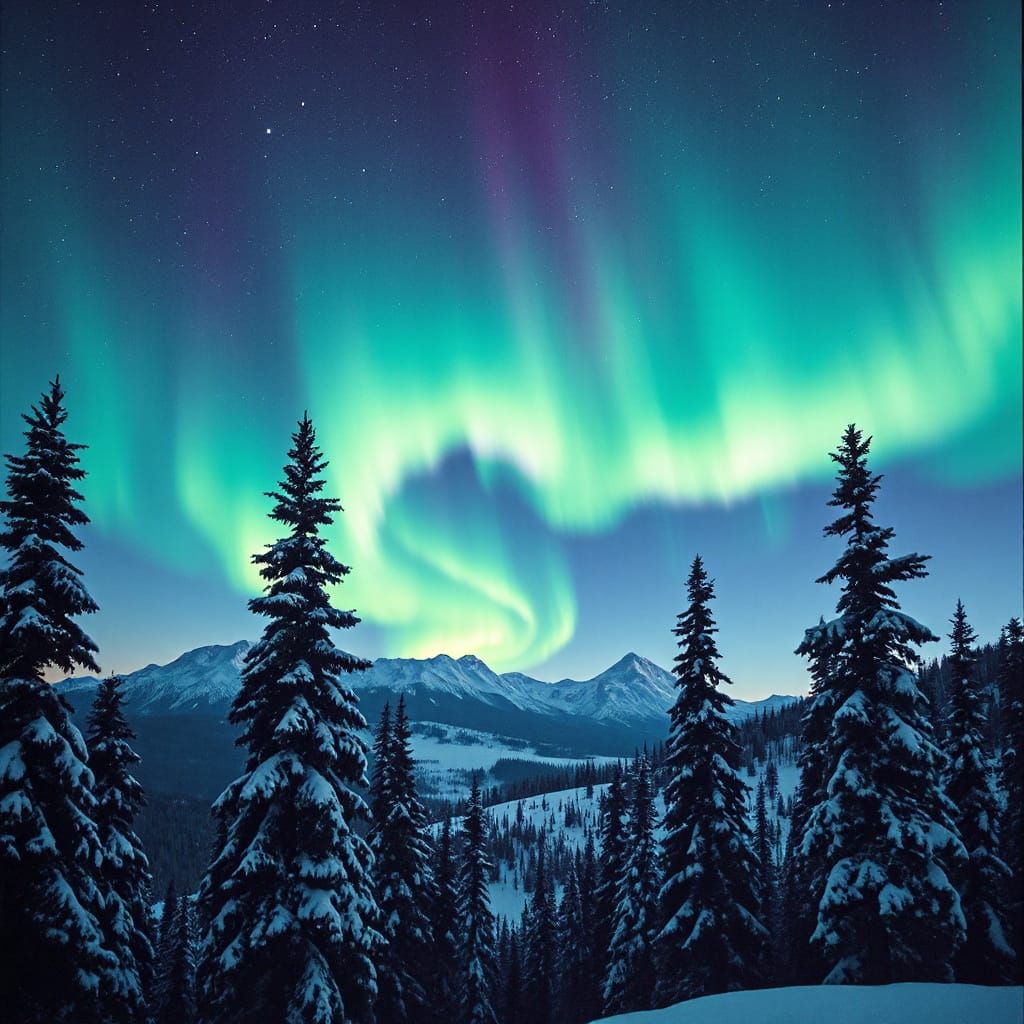 Aurora Borealis Dance Across Snowy Forest in Classic Landsca...