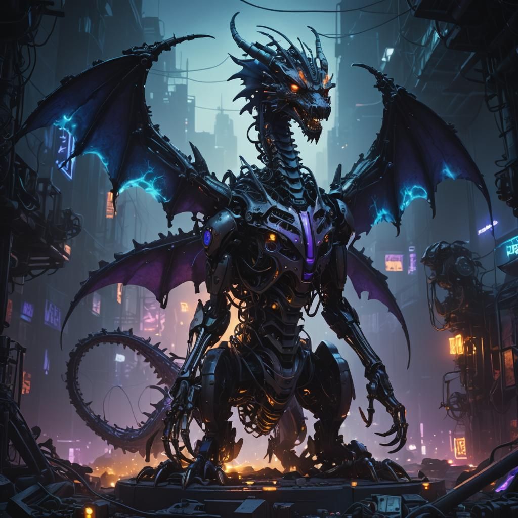 Cyberpunk Metal Dragon Sculpture in Misty Cityscape