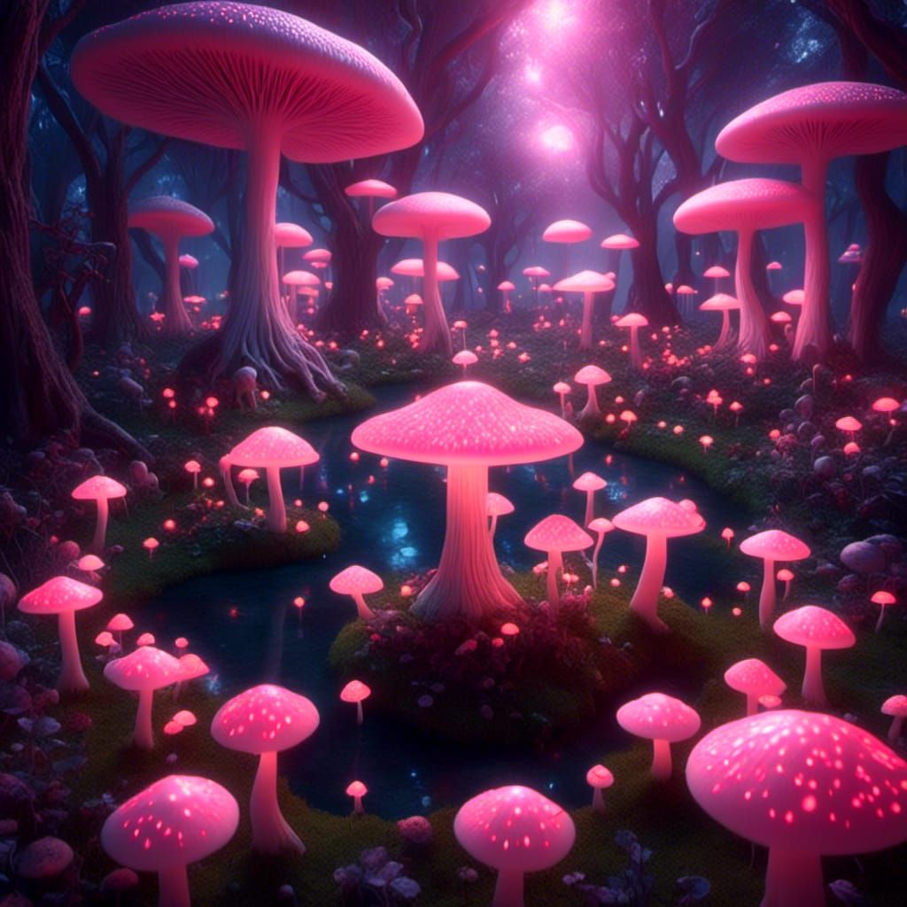 Aliens Enjoying Mushrooms in Hyperrealistic Garden