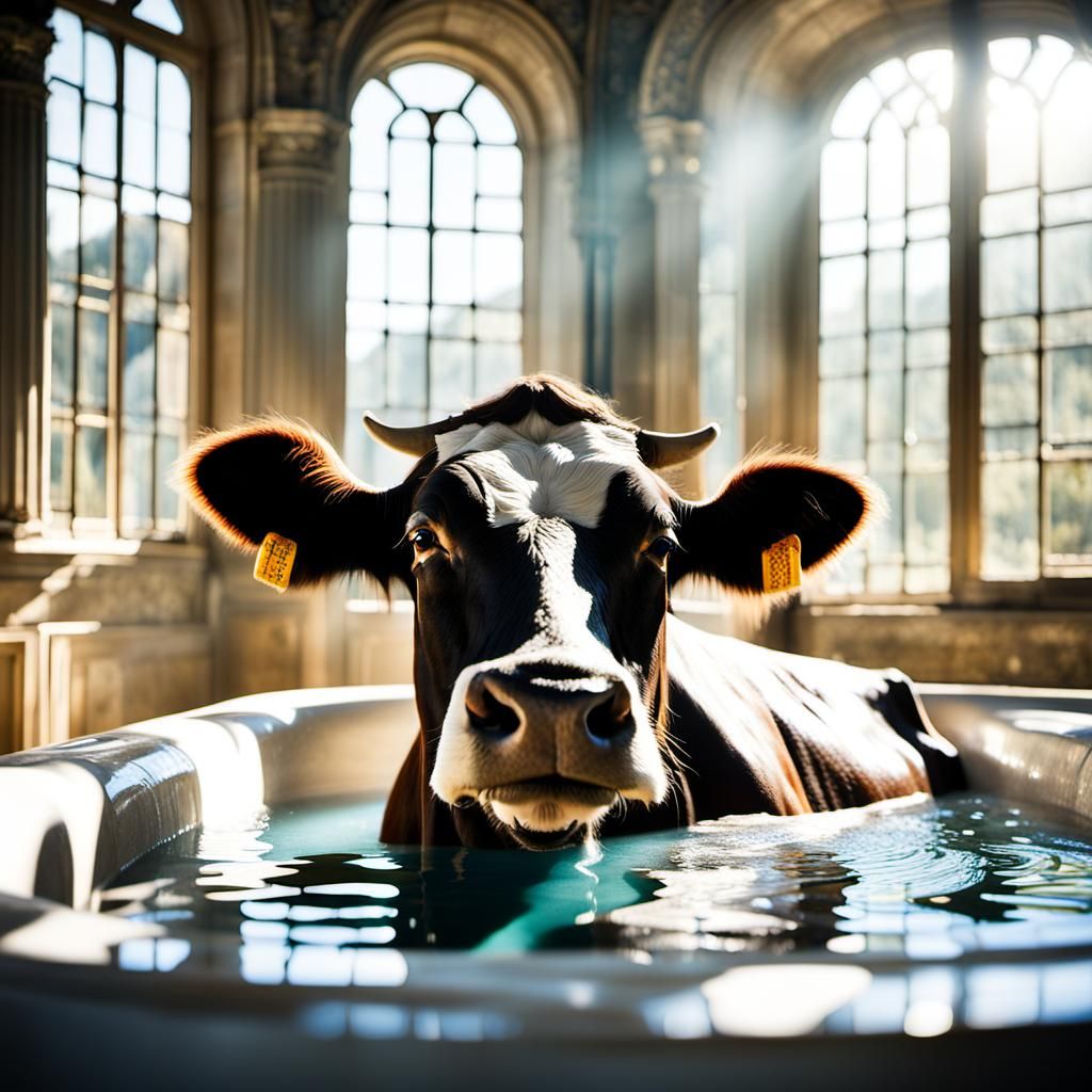 Cow in Palace Bathtub Shines in Natural Light