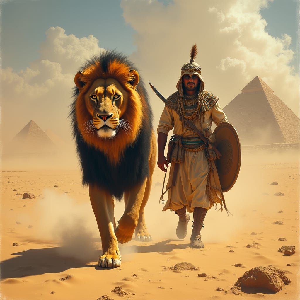 Majestic Lion Walks Beside Egyptian Warrior in Ancient Deser...