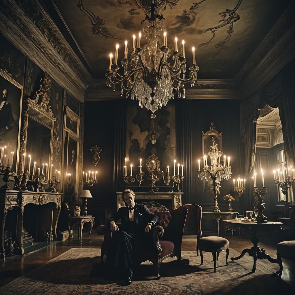 Surreal Decadence: Celebrity in Dimly Lit Mansion