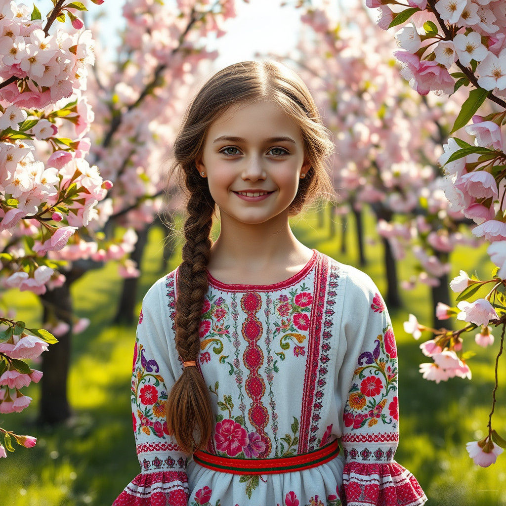 Ukrainian Girl in Cherry Orchard: Impressionist Style