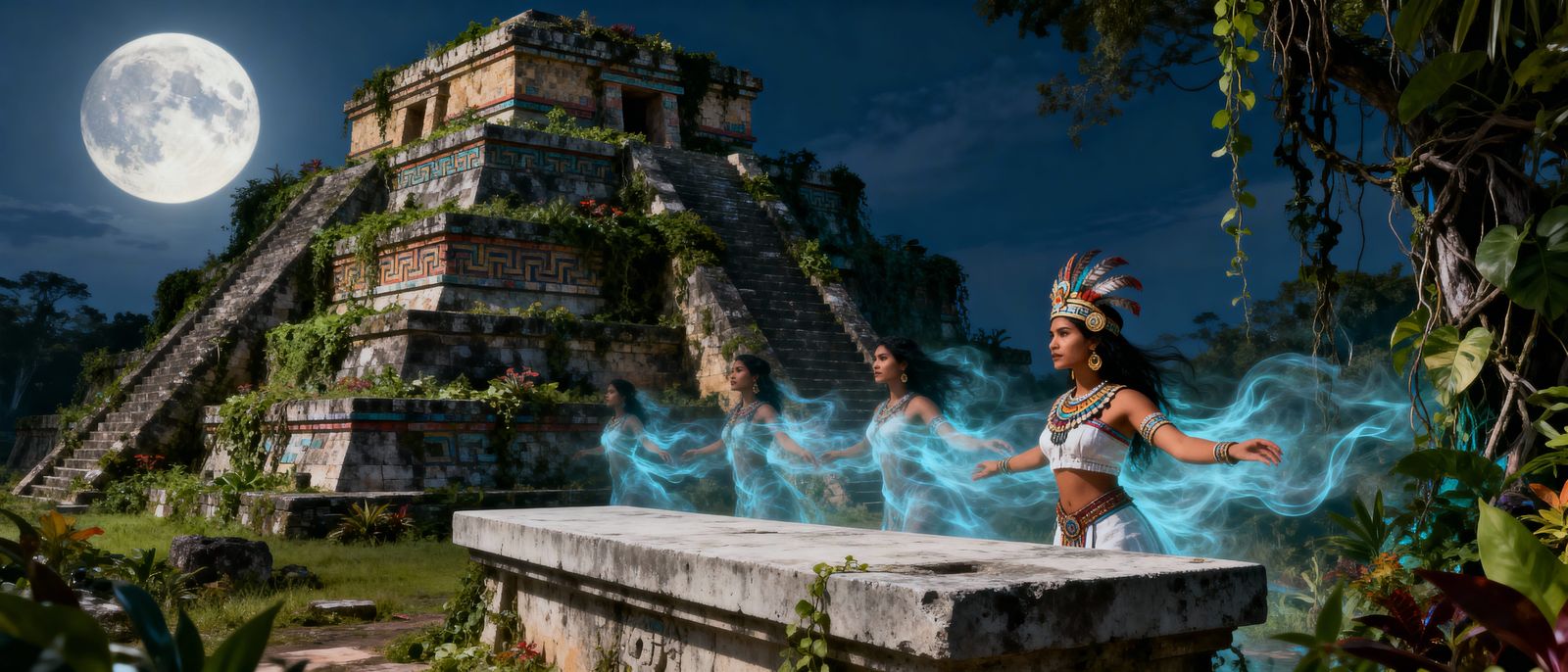 Ghostly Aztec Spirits at Moonlit Temple